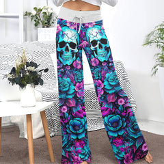 Pink Cyan Skull Floral Women's High-waisted Wide Leg Pants | Wonder Skull