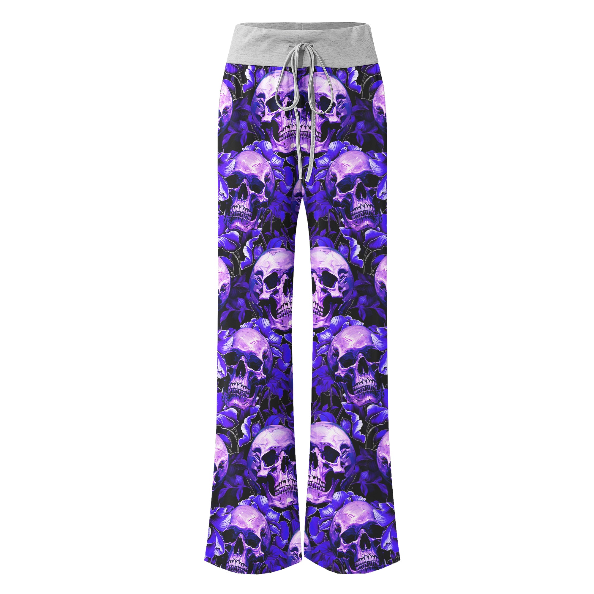Violet Skull Flower Pattern Women's High-waisted Wide Leg Pants | Wonder Skull