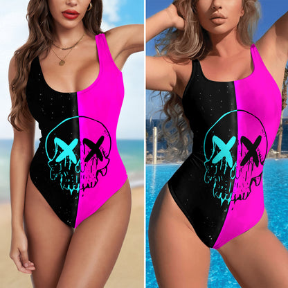 One Piece Bikini Purple Neon Skull Grafiti Print Swimwear