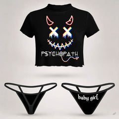 Wonder Skull  sheer mesh crop top and thong set delivers the perfect balance of comfortable and confident. Ultra-lightweight mesh fabric breathes freely against your skin while stretching gently to hug your natural curves without any restrictive squeezing. Playful lettuce edge trim at the neckline, sleeves, and hem adds cute feminine detail with soft ruffled texture. The flattering cropped length hits perfectly above your waist, creating an elongated silhouette that makes you feel amazing. Whether you're we