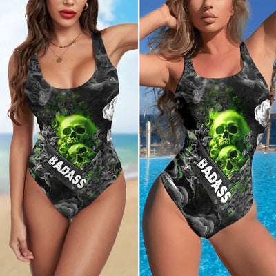 One Piece Bikini Green Smoke Skull Print Swimwear