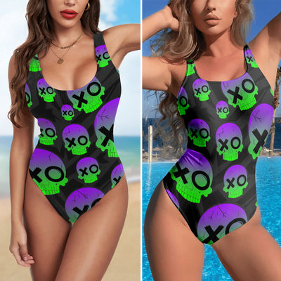 One Piece Bikini Neon Green Toxins Skull Print Swimwear