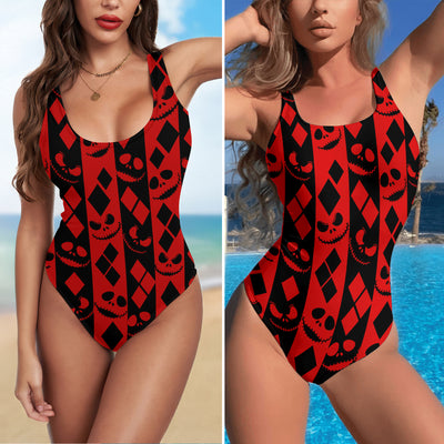 One Piece Bikini Stitched Skull Diamond Print Swimwear