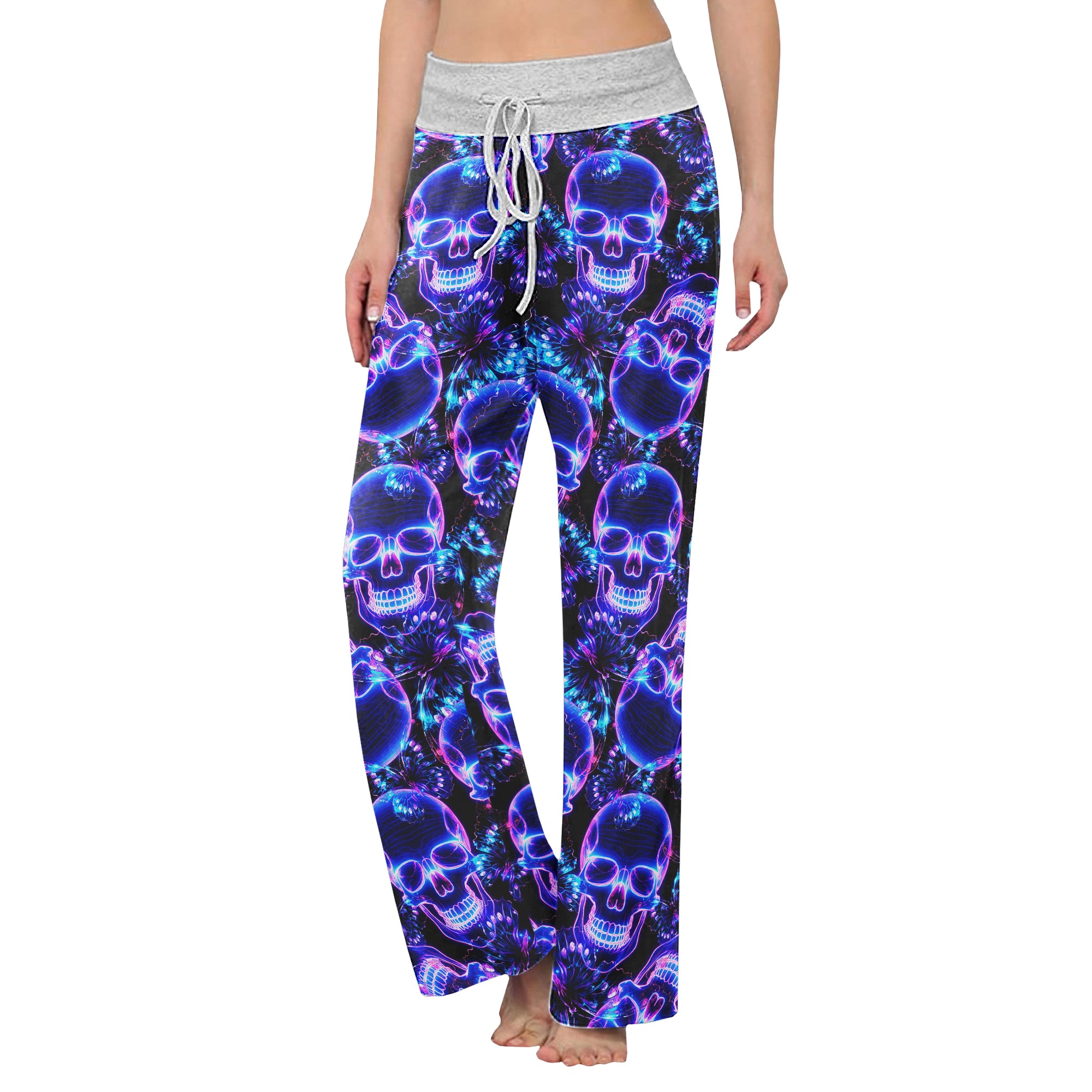 Violet Neon Skull Butterfly Women's High-waisted Wide Leg Pants | Wonder Skull