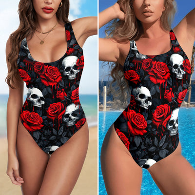 One Piece Bikini Red Ruin Skull Bloom Print Swimwear