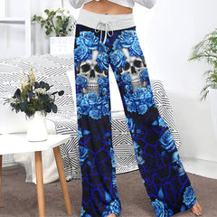 Blue Skull Rose Art Women's High-waisted Wide Leg Pants | Wonder Skull