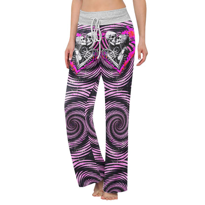 Pink Heart Skull Couple Women's High-waisted Wide Leg Pants | Wonder Skull