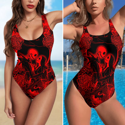 One Piece Bikini Red Couple Skeleton Art Print Swimwear