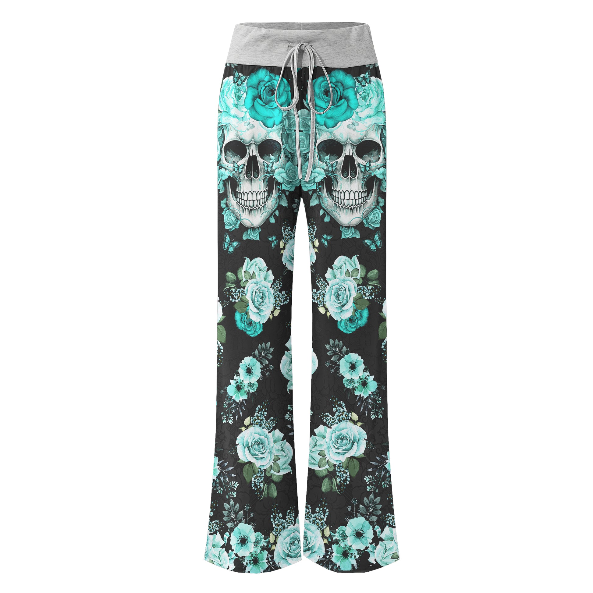 Cyan Skull Floral Art Women's High-waisted Wide Leg Pants | Wonder Skull