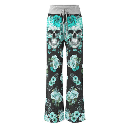 Cyan Skull Floral Art Women's High-waisted Wide Leg Pants | Wonder Skull