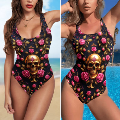 One Piece Bikini Gilded Skull & Velvet Thorns Print Swimwear