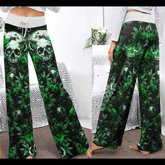 Green Skull Canabis Women's High-waisted Wide Leg Pants | Wonder Skull