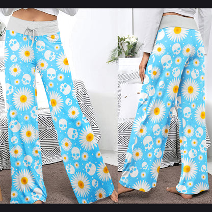 Blue Daisy Skull Women's High-waisted Wide Leg Pants | Wonder Skull