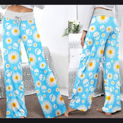 Blue Daisy Skull Women's High-waisted Wide Leg Pants | Wonder Skull