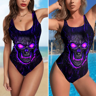 One Piece Bikini Purple Gothic Skull Lava Print Swimwear