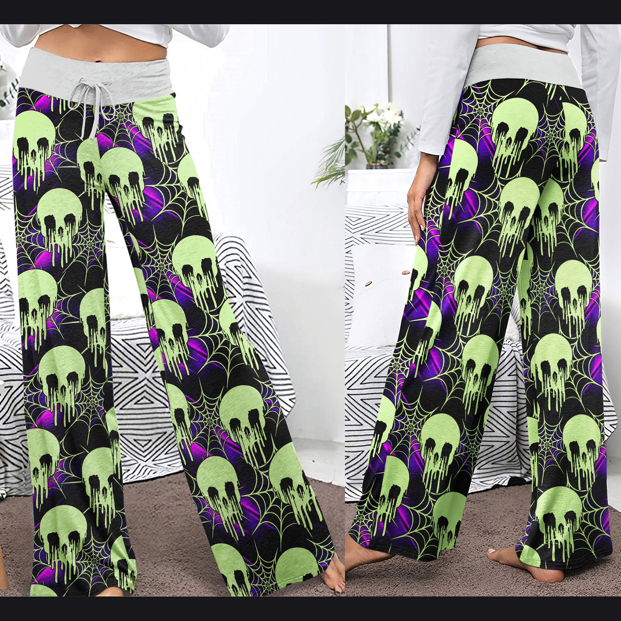 Green Skull Melting Women's High-waisted Wide Leg Pants | Wonder Skull