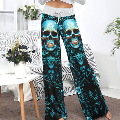 Cyan Skull Floral Gothic Women's High-waisted Wide Leg Pants | Wonder Skull