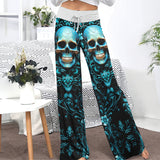 Cyan Skull Floral Gothic Women's High-waisted Wide Leg Pants | Wonder Skull