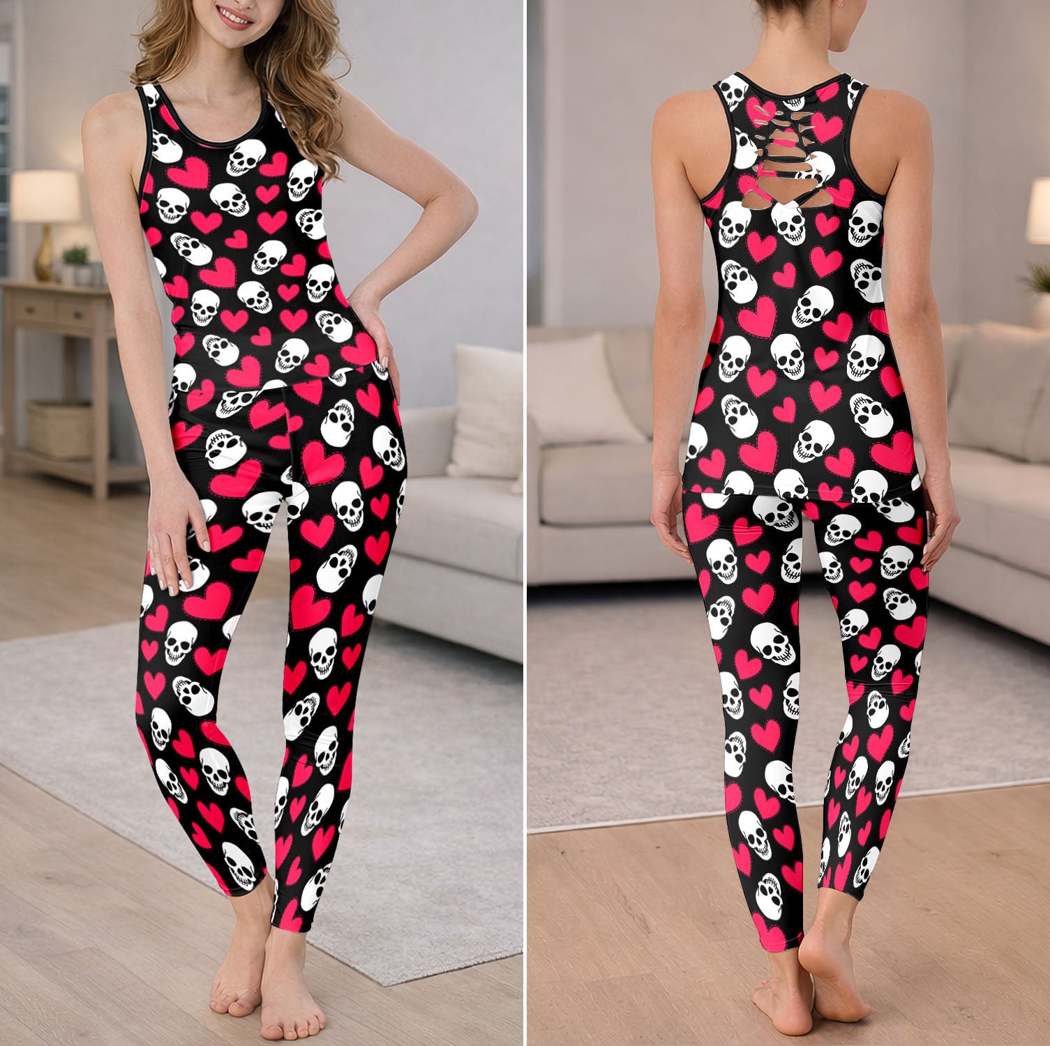 Sweet Heart Skull Pattern Tanktop and Legging