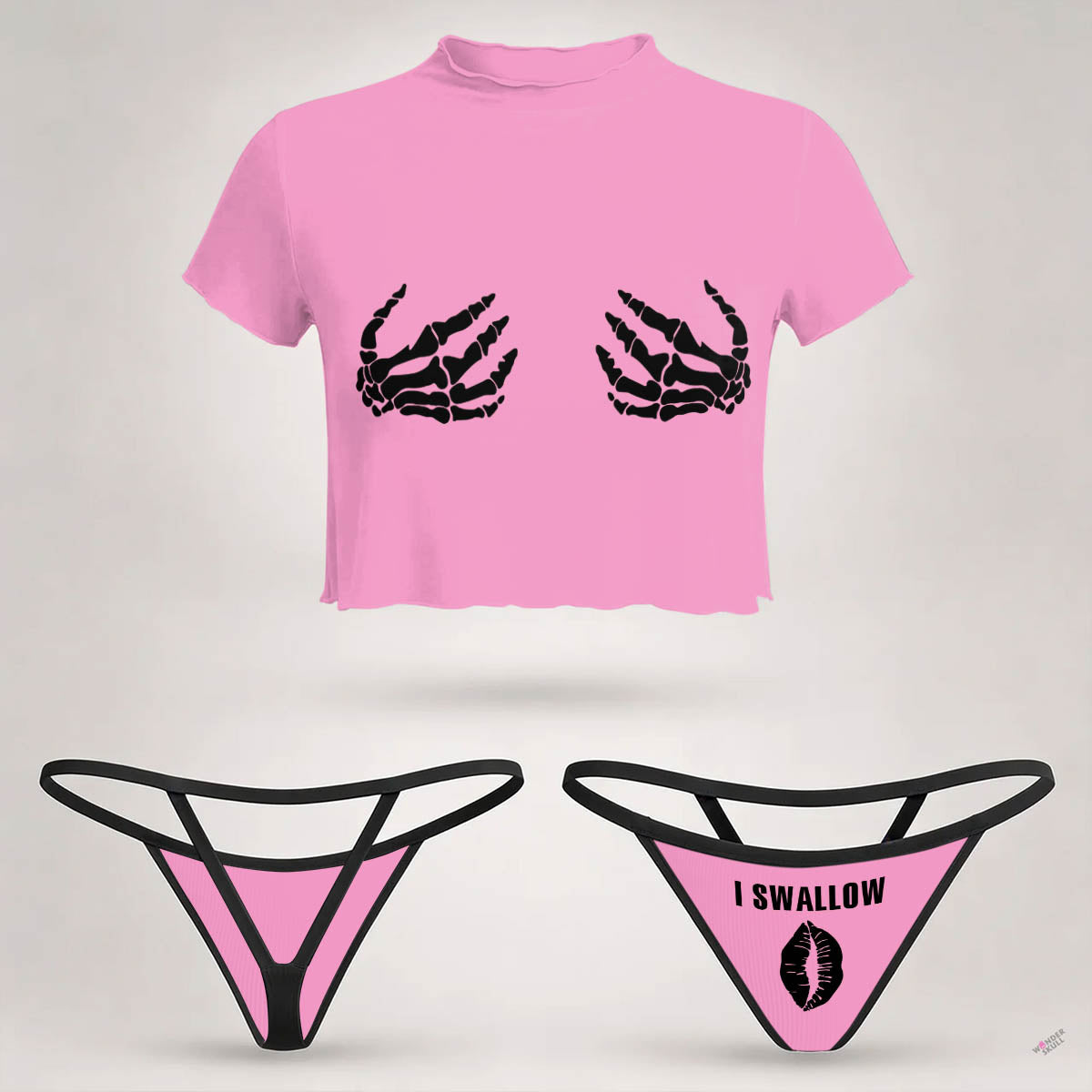 Pink Bone Embrace Mesh Lettuce Edge Crop Top Thong Set