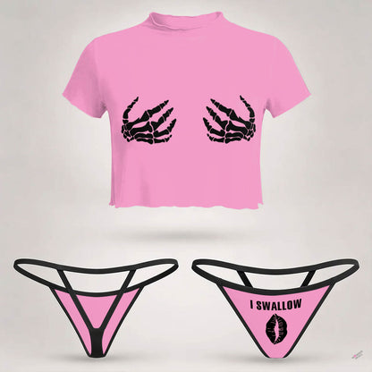 Pink Bone Embrace Mesh Lettuce Edge Crop Top Thong Set
