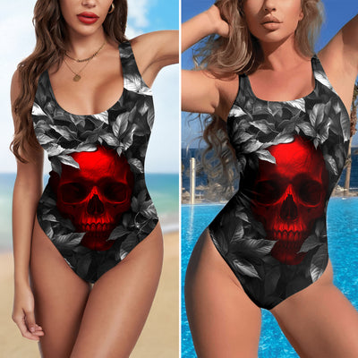 One Piece Bikini Inferno Skull Leaf Print Swimwear