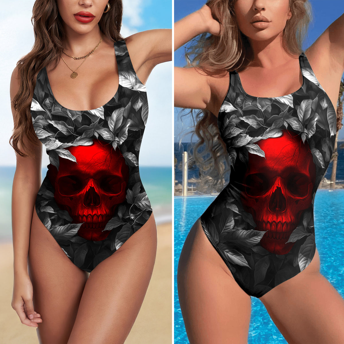 One Piece Bikini Inferno Skull Leaf Print Swimwear