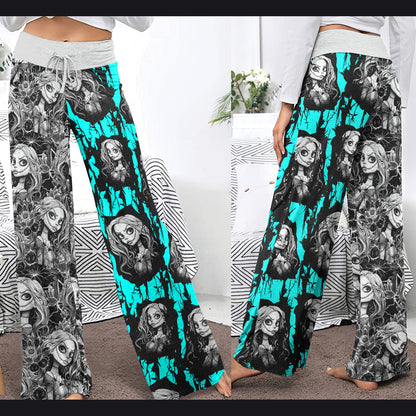 White Cyan Art Theme Women's High-waisted Wide Leg Pants | Wonder Skull
