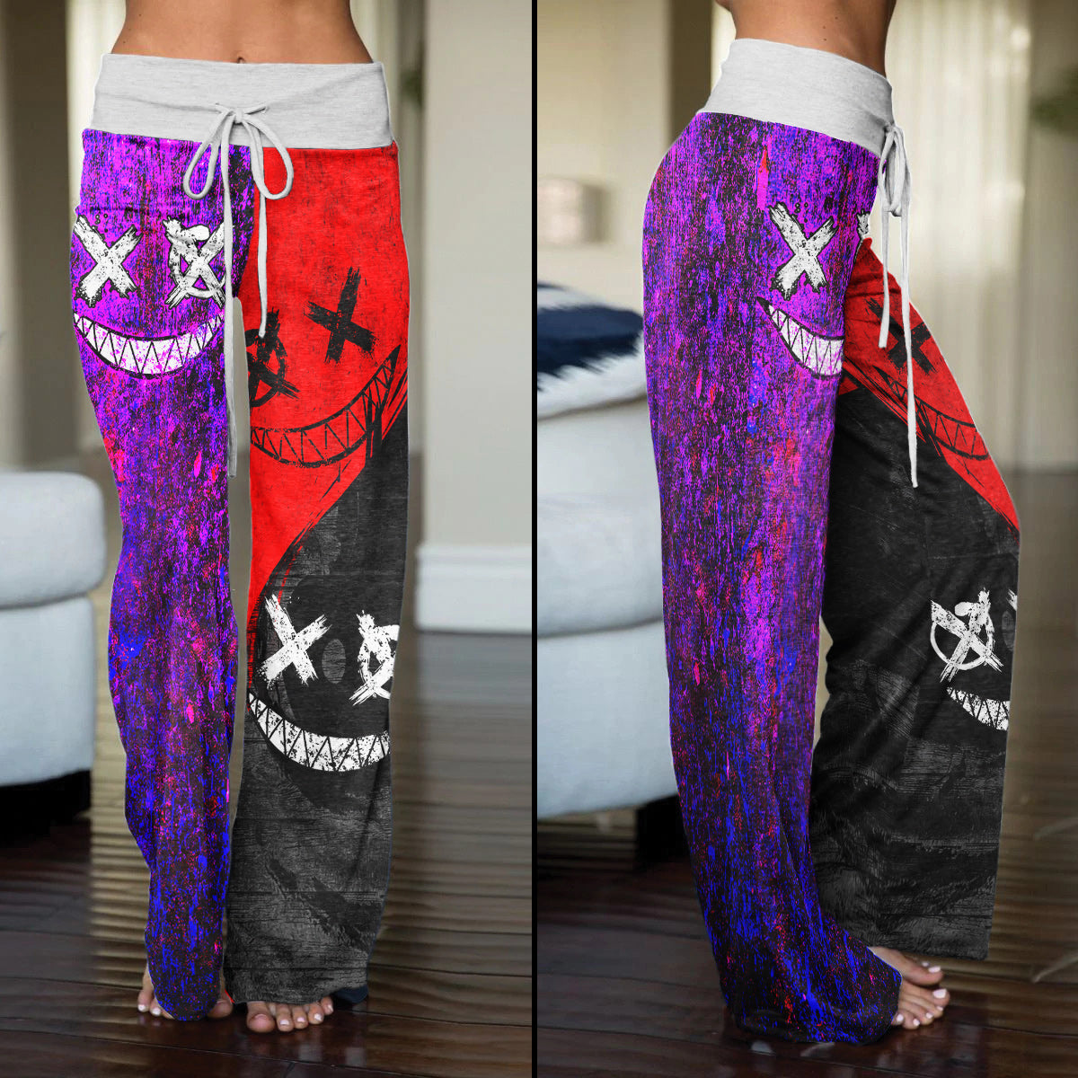 Purple Red Emo Smile Women's High-waisted Wide Leg Pants | Wonder Skull