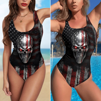 One Piece Bikini Dark American Patriot Skull Print Swimwear