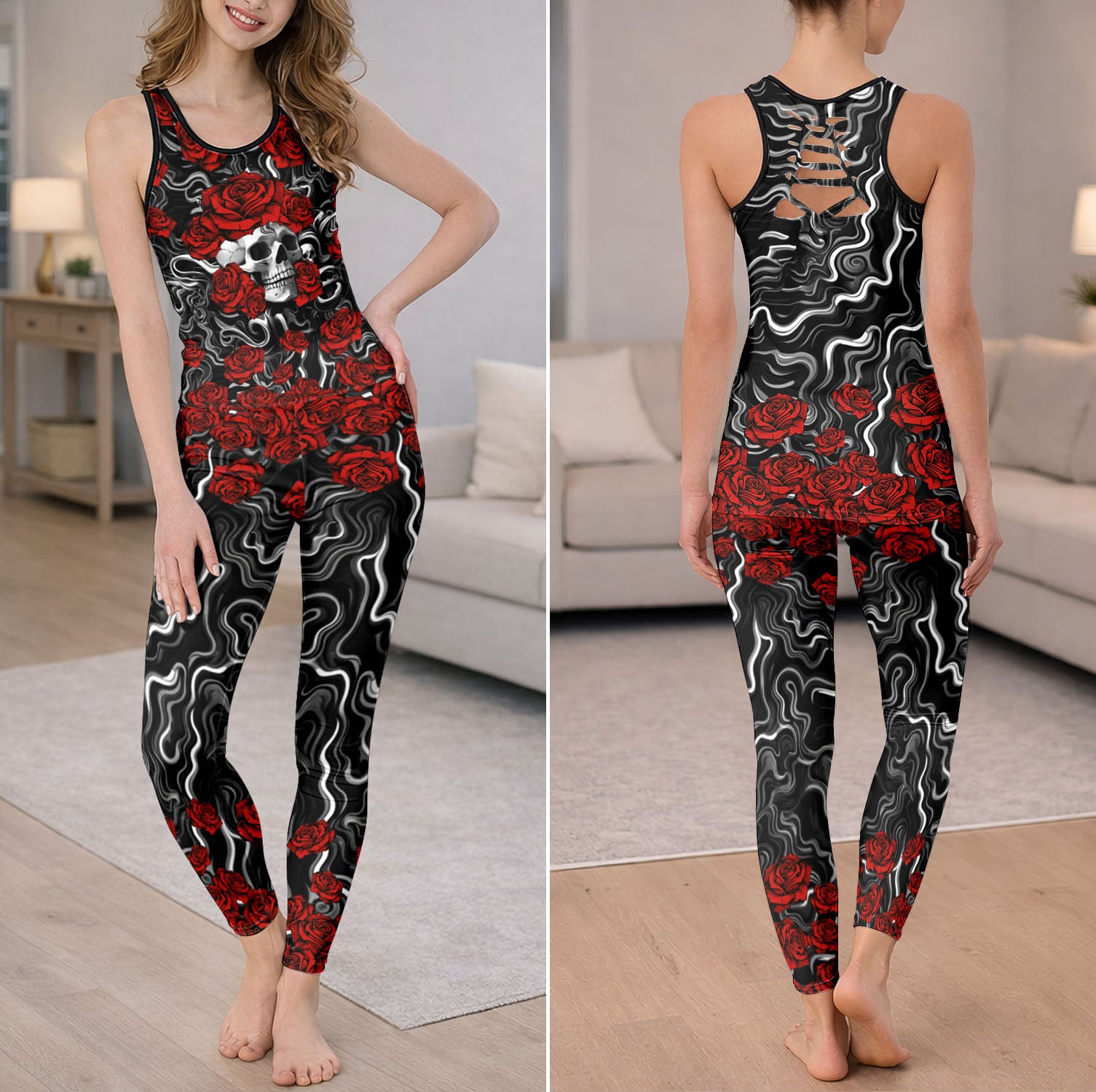 Midnight Rose Skull Pattern Tanktop and Leggings
