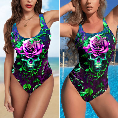 One Piece Bikini Dark Botanical Skull Rose Print Swimwear