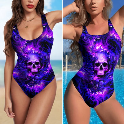 One Piece Bikini Electric Purple Skull Print Swimwear