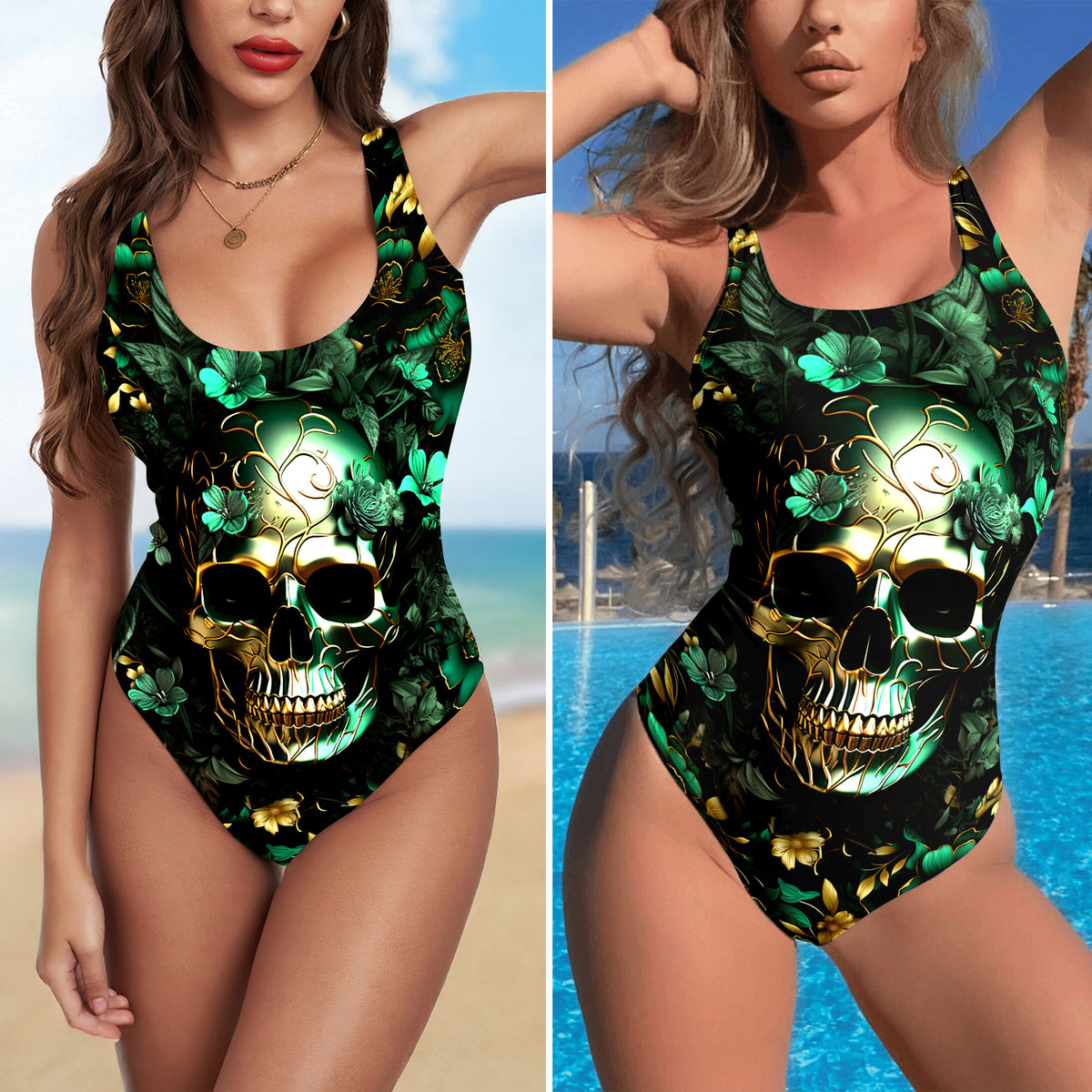 One Piece Bikini Green Tropical Skull Print Swimwear
