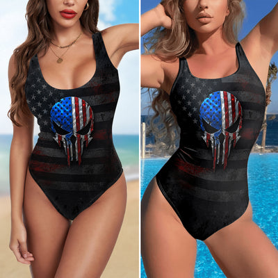 One Piece Bikini Patriot Skull Metal Print Swimwear