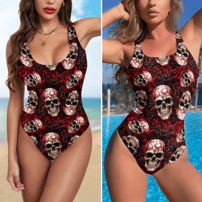 One Piece Bikini Red Skull Bat Pattern Print Swimwear