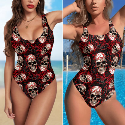 One Piece Bikini Red Skull Bat Pattern Print Swimwear