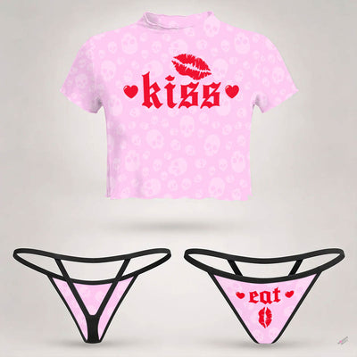 Wonder Skull  sheer mesh crop top and thong set delivers the perfect balance of comfortable and confident. Ultra-lightweight mesh fabric breathes freely against your skin while stretching gently to hug your natural curves without any restrictive squeezing. Playful lettuce edge trim at the neckline, sleeves, and hem adds cute feminine detail with soft ruffled texture. The flattering cropped length hits perfectly above your waist, creating an elongated silhouette that makes you feel amazing. Whether you're we