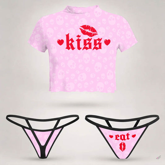 Wonder Skull  sheer mesh crop top and thong set delivers the perfect balance of comfortable and confident. Ultra-lightweight mesh fabric breathes freely against your skin while stretching gently to hug your natural curves without any restrictive squeezing. Playful lettuce edge trim at the neckline, sleeves, and hem adds cute feminine detail with soft ruffled texture. The flattering cropped length hits perfectly above your waist, creating an elongated silhouette that makes you feel amazing. Whether you're we