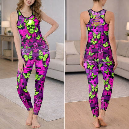 Acid Butterfly Skull Pattern Tanktop and Leggings