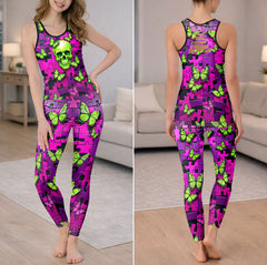 Acid Butterfly Skull Pattern Tanktop and Leggings
