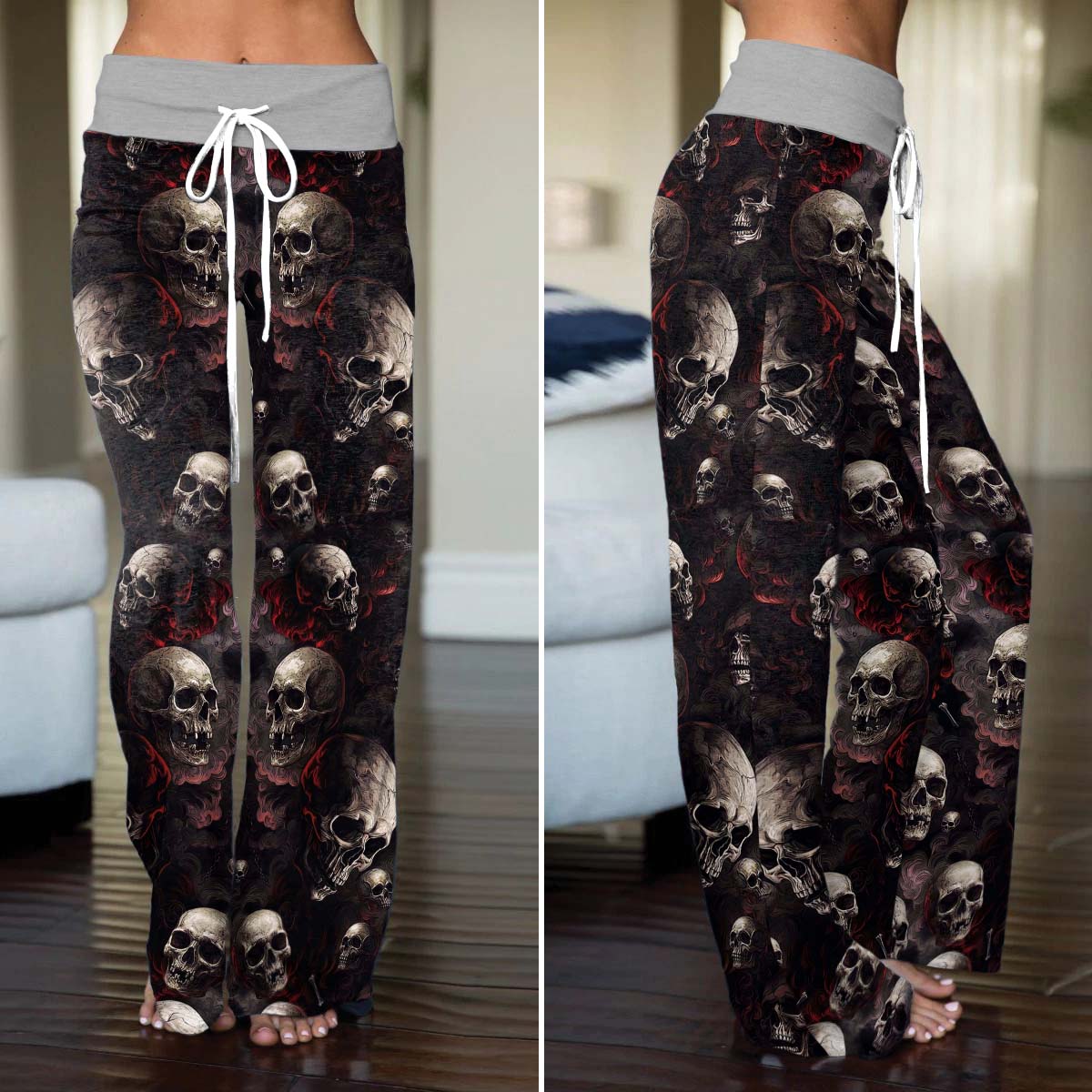 Dark Smoke Skulls Pattern Women's High-waisted Wide Leg Pants