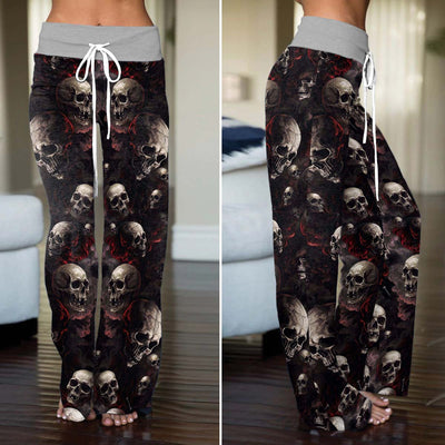Dark Smoke Skulls Pattern Women's High-waisted Wide Leg Pants
