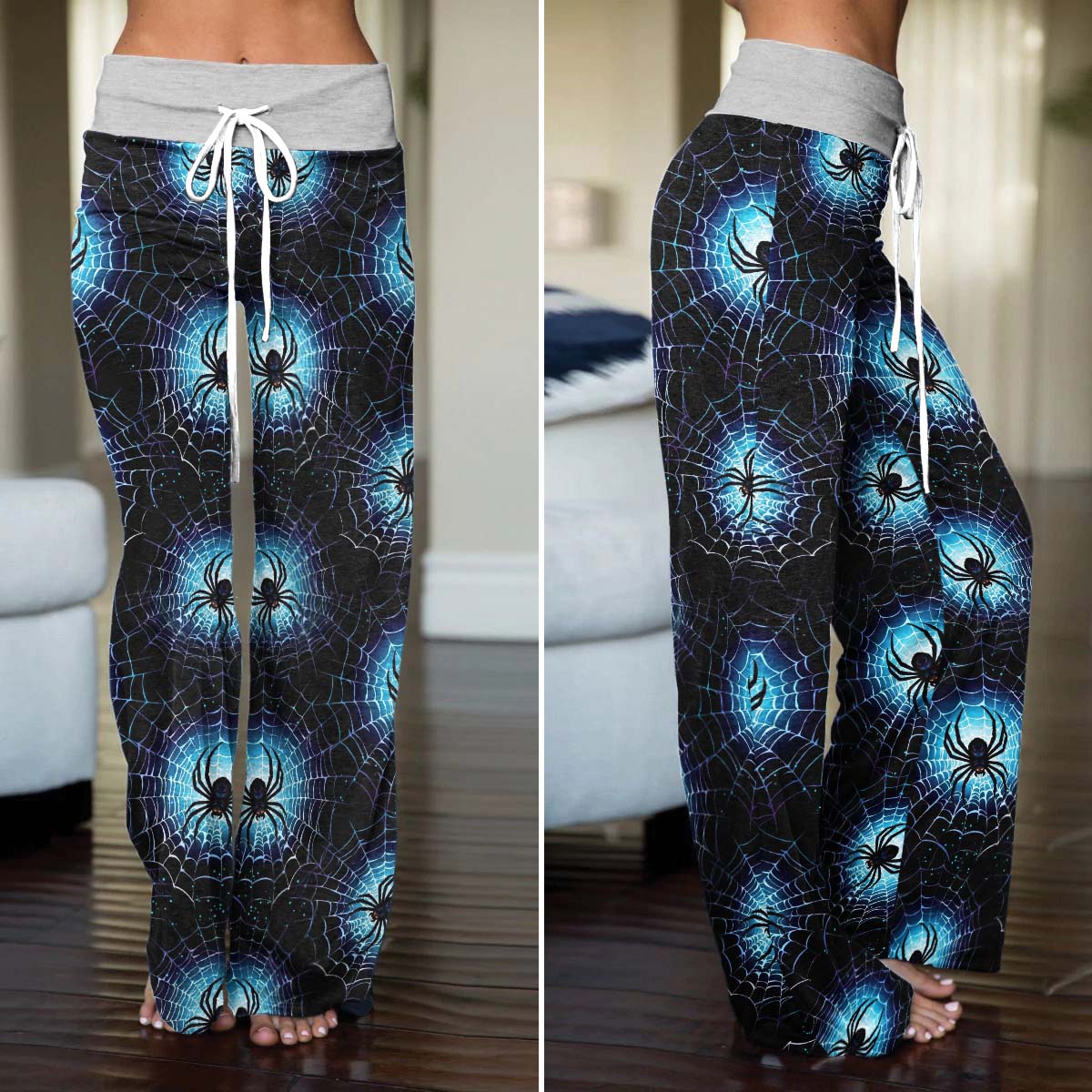 Neon Cyan Arachnid Web Women's High-waisted Wide Leg Pants