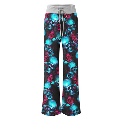 Cyan Skull Rose Gothic Women's High-waisted Wide Leg Pants | Wonder Skull