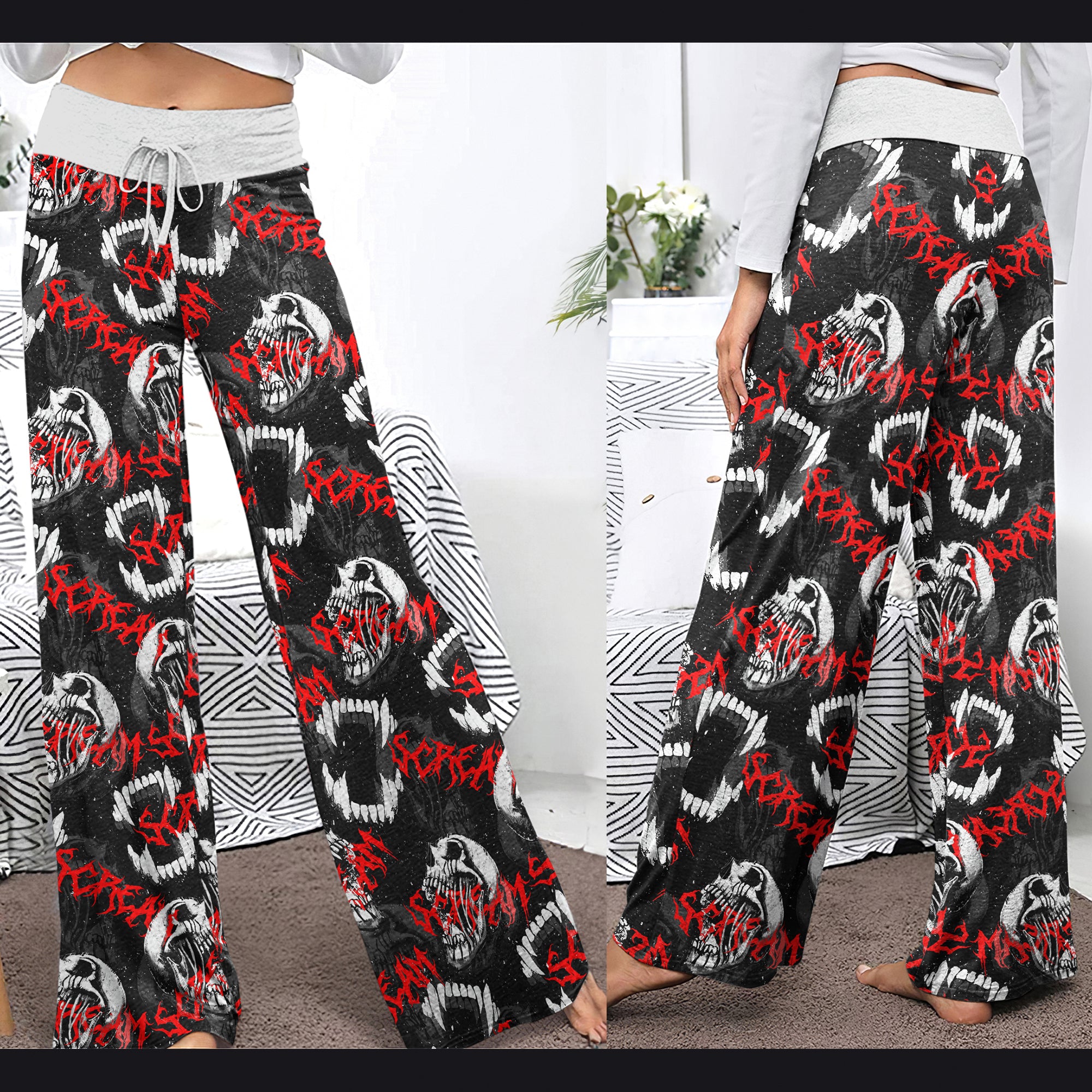 Black Skull Scream Pattern Women's High-waisted Wide Leg Pants | Wonder Skull