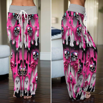 Pink Metallic Skull Lust Women's High-waisted Wide Leg Pants