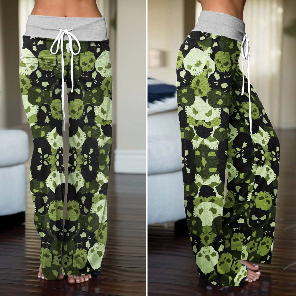 Green Skull Camo Pattern Women's High-waisted Wide Leg Pants