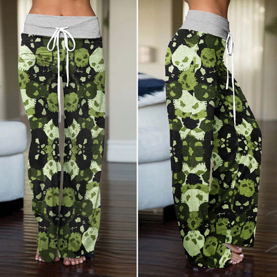 Green Skull Camo Pattern Women's High-waisted Wide Leg Pants