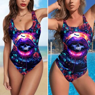 One Piece Bikini Purple Rose Skull Lip Print Swimwear
